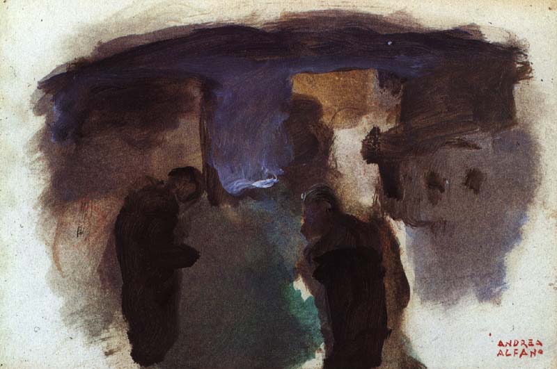 TRISTE RITORNO, ANNI 50, OLIO SU CARTA, CM 17X25